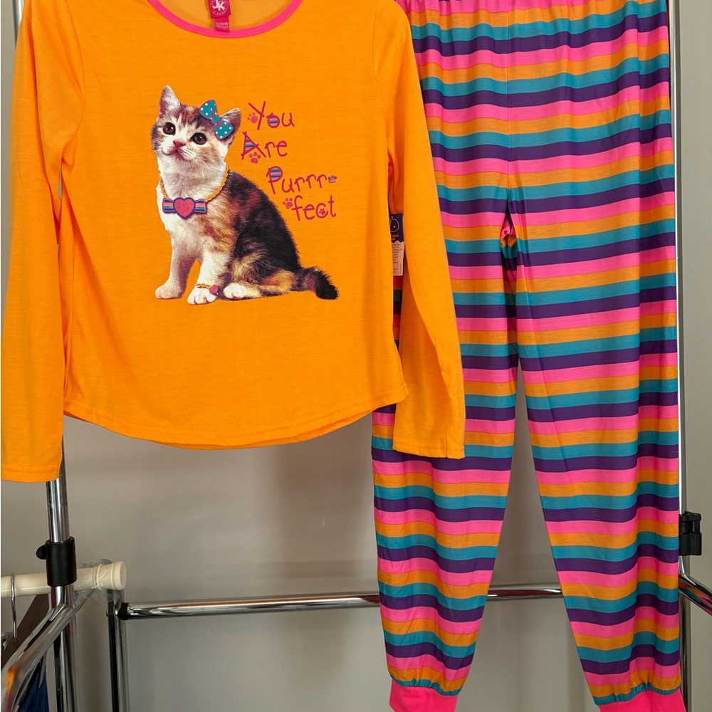 J. Khaki Orange Cat Print Kids Pajama Set